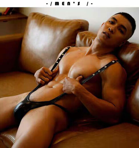 G-string men's black imitation patent leather PU sexy one-piece suspender T-pants temptation men's sexy underwear passionate teasing g063 one size fits S-XXL