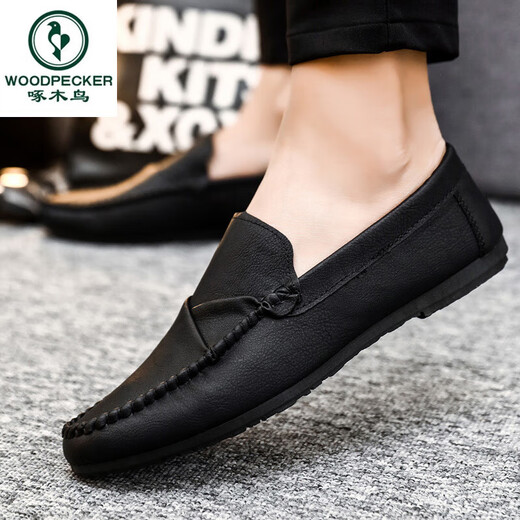 Woodpecker men's beans shoes Korean version of business work casual leather shoes breathable and versatile non-slip one-legged men's shoes 2025 summer D826 black 41 small