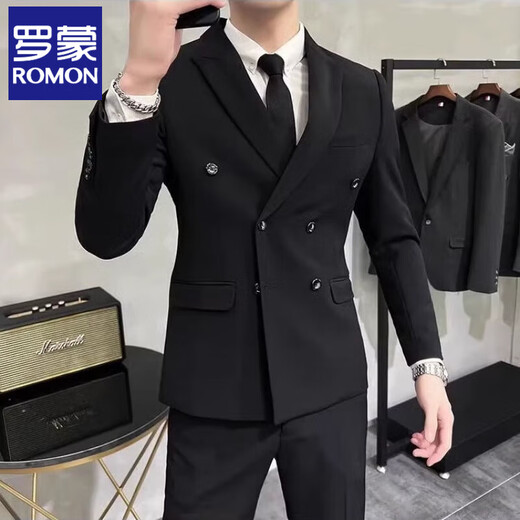 ROMON Autumn and Winter Suit Men's Business Formal Wear Professional High-Quality British Style Double-Breasted Handsome Casual Suit Jacket Black Suit (Follow and receive a tie) XL