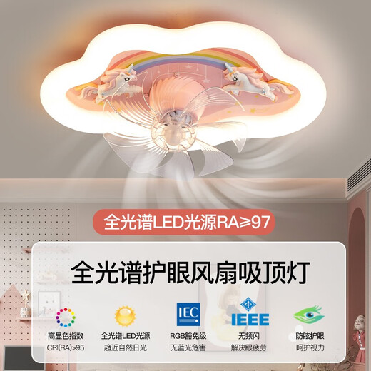 花乐集儿童房间风扇吸顶灯女孩卧室360度摇头6档风速清凉光谱吸顶灯 1W 9196月球兔子风扇灯 无极调光