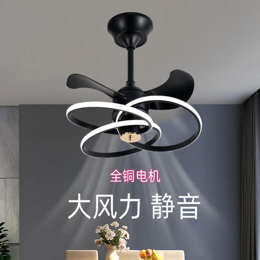 华艺照明年新款隐形吊扇灯大风力家用餐厅饭厅卧室电风扇一体吊灯静音 9227/黑60CM变频遥控+直接语音声