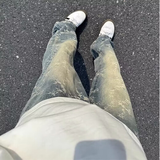 American high street jeans for men in autumn vibe jacquard trendy brand washed straight casual pants loose handsome bootcut pants light blue XL recommended 120-140Jin Jin equals 0.5 kg