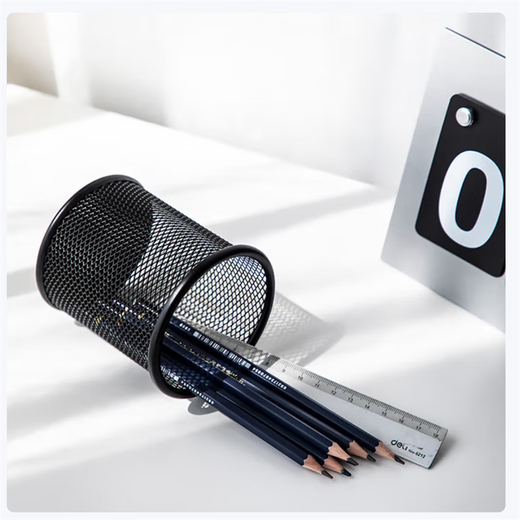 Deli Metal Round Mesh Pen Holder Desktop Storage Box Pen Holder Black 9172 5 Pack