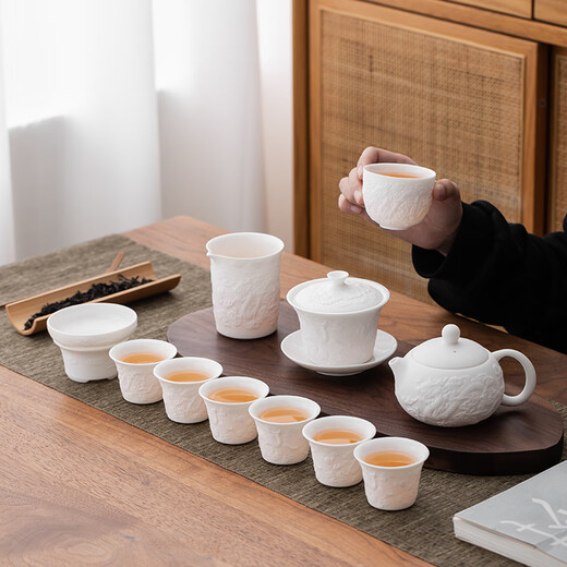 Hongyunxiang new high-end mutton-fat jade white porcelain tea set for home use Chinese-style high-end ceramic Kung Fu teapot teacup (gift box) embossed mutton-fat jade Xishi teapot set 10 pieces