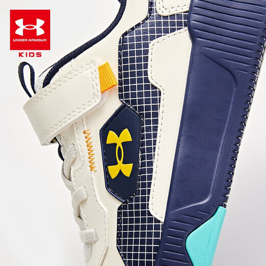 Under Armor children's shoes, men's and women's sneakers, autumn and winter leather warm cushioning, medium and large children's outdoor casual sports shoes, off-white/blue 37.5