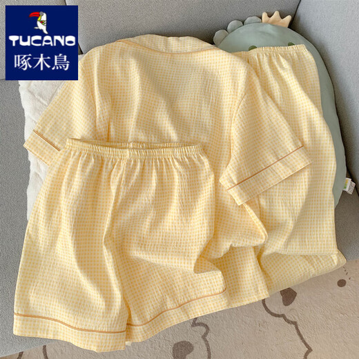 Woodpecker Daschampagne Pajamas Women's 2025 New Summer Pure Cotton Gauze Short Sleeve Three-Piece Set Cardigan Cotton Silk Home Clothing Yunduo Cotton-J9901# Paradise Puppy Three-Piece Set M [Suggested 75-100Jin [Jin equals 0.5 kg]]