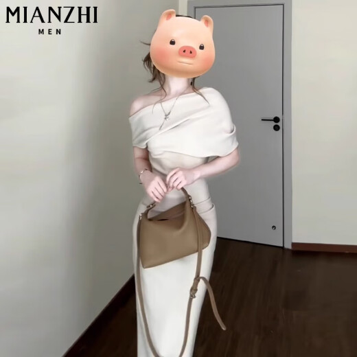 棉致法式露肩收腰褶皱短袖连衣裙女夏季2025新款高级感气质修身长裙 753灰杏色【高品质27.5】 L 110-120斤