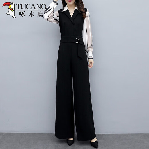 Tucano; Specht Frühlings- und Sommer-Jumpsuit Frauen 2025 Frühling neuer koreanischer Mode-Fashion Casual Black Jumpsuit High Taille Wide Legs Set Black Stripe 345 Dünn S 80-95Jin [Jin gleich 0,5 kg]