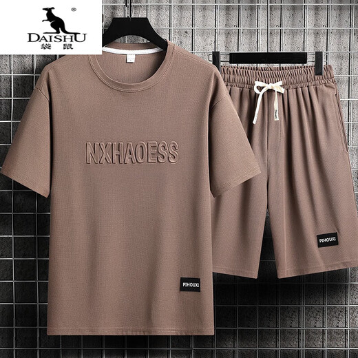 袋鼠（DAISHU）男士夏季套装青少年短袖恤薄款真冰丝两件套休闲运动服五分短裤子 套装-TZ829军绿【上衣+裤子】 L 建议110-130斤
