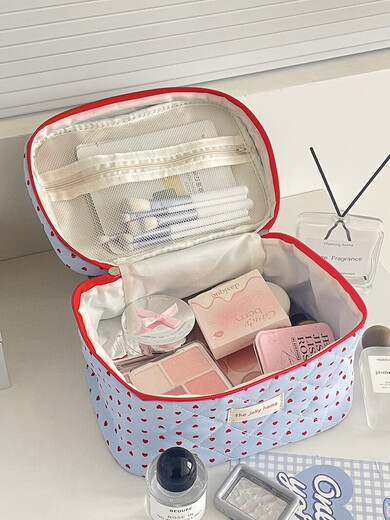 Cross-border milk blue love cosmetic bag 2025 new high-looking ins storage bag portable large capacity toiletry bag milk blue love-cosmetic bag