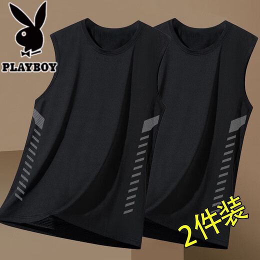 花花公子（PLAYBOY）冰丝背心男夏季潮流圆领网眼透气速干运动坎肩凉感吸汗无袖上衣 黑色+深灰/ 二件装收藏加购优先 XL (115-125斤)