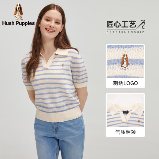 Hush Puppies【简约清新】暇步士女装2025夏季轻薄透气清新感线织短袖polo 海蓝色 M