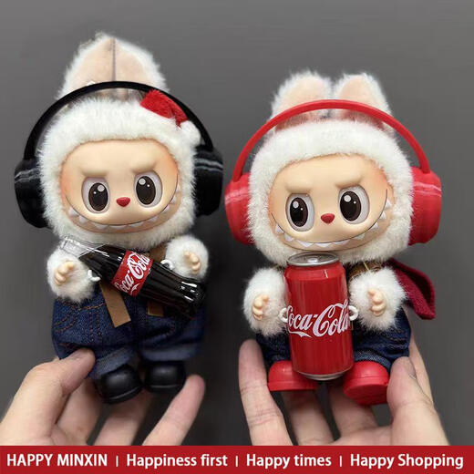 Trendy clothing Labubu Coca-Cola clothes Labubu 1 and 3 generations without disassembling Cola baby clothes overalls earphone set Red headphones + SPORT overalls + red short boots 3 pieces