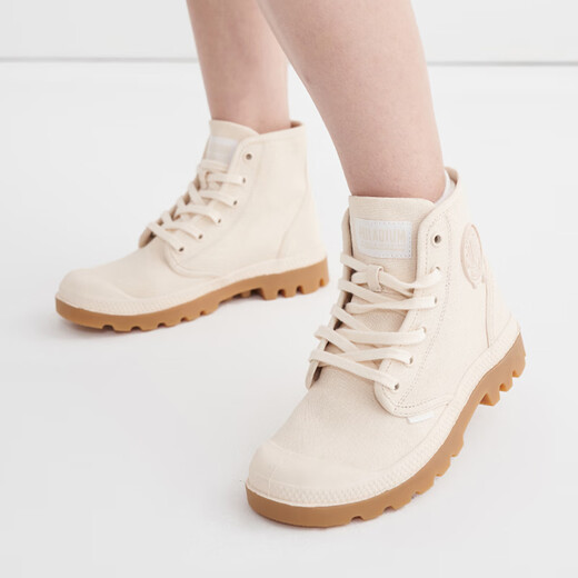 PALLADIUM Pampa HiMcr Fashionable Simple Solid Color Washing Wear-resistant and non-slip High-top Canvas Shoes Men and Women Smoke White/Light Brown 38