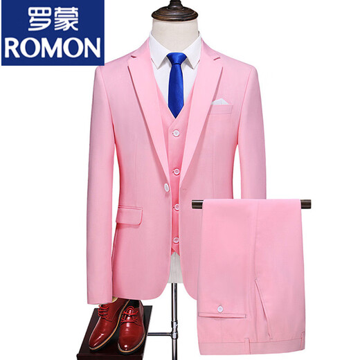 ROMON pink small suit men's suit slim fit young wedding groom performance British men's business casual professional suit burgundy suit + pants M