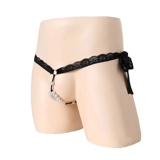 Men's sexy lace pearl underwear, men's thong pants with beads, low-waist hollow breathable T-string pants, black, one-size-fits-all, adjustable straps
