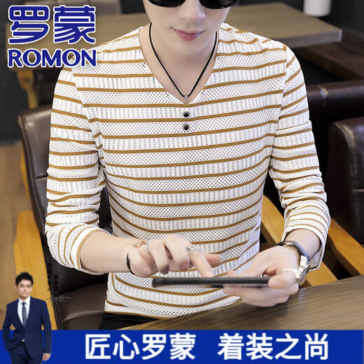 
ROMON 100% pure cotton long-sleeved T-shirt for men's spring and autumn new V-neck sweatshirt casual skin-friendly and comfortable summer thin inner clothing 6188 black long sleeves 2XL 135-150Jin [Jin equals 0.5 kg]