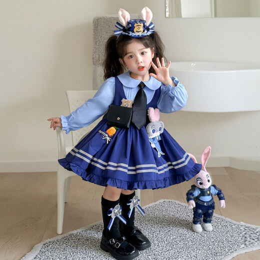Dan Bird King Girls Judy Rabbit Police Officer Princess Dress Spring and Autumn Children's College Style Dress COS Clothing Girls Lolita Blue Dress + Tie 110 Codes