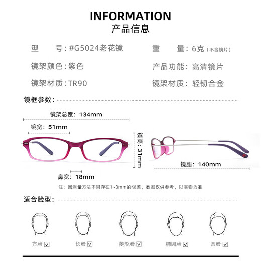 玉品堂老花镜男女款 超轻便携老花眼镜 高清耐磨时尚花镜中秋送礼 G5024-紫红色 100度建议50岁以下