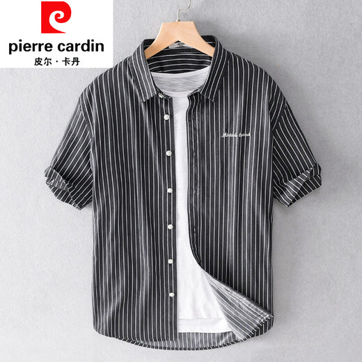 皮尔卡丹（pierre cardin）男士条纹衬衫短袖宽松夏季薄款日系休闲百搭纯棉衬衣夏装衣服针织 9721白色 M 100斤左右