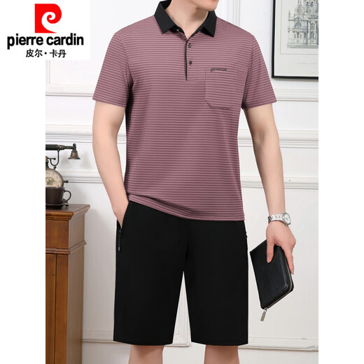 皮尔卡丹（pierre cardin）2025夏季新品中年男士爸爸父亲冰丝两件套短袖t恤短裤运动服套装 693暗红 XL 建议120斤----140斤体恤+裤子