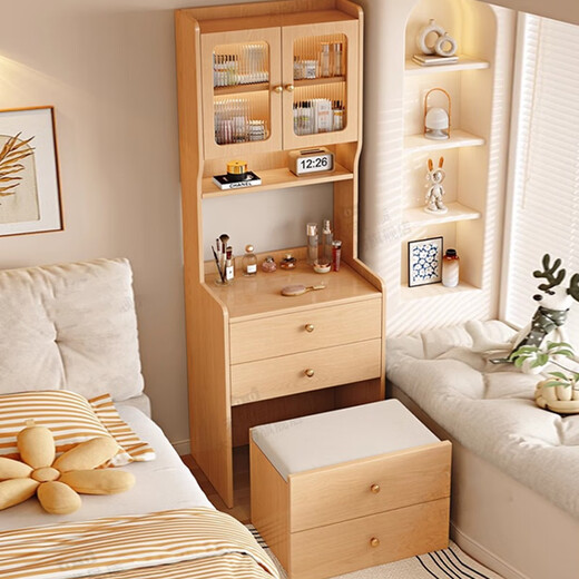 Wan Xilin solid wood dressing table makeup table modern bedroom simple drawer cabinet integrated small apartment bedside table makeup table storage cabinet 50CM-oak color + makeup stool