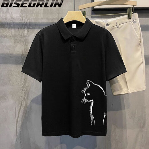 比斯格林BISEGRLIN美式夏季高街猫咪印花短袖t恤男女学院风宽松POLO衫上衣 黑色-G1585白图印侧边 L