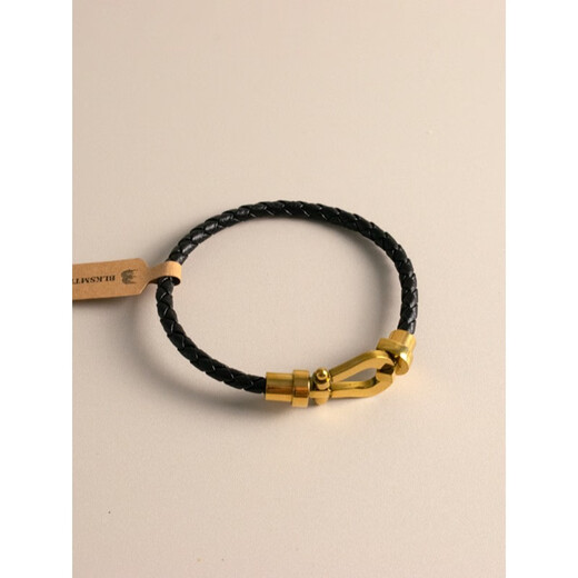 ANST Old Phoenix Gold Store Model 18K Gold-plated Sasha Flat Model Gold-plated Leather Braided Horseshoe Buckle Bracelet Bracelet Women's Hand S Black Cowhide Total Length Approximately 17.5cm/Suitable for Wrist