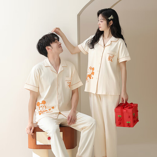 浪莎（LangSha）睡衣情侣装一男一女夏季纯棉7A抗菌短袖长裤结婚喜庆可外穿家居服 6221【喜欢】 M 女+XL男