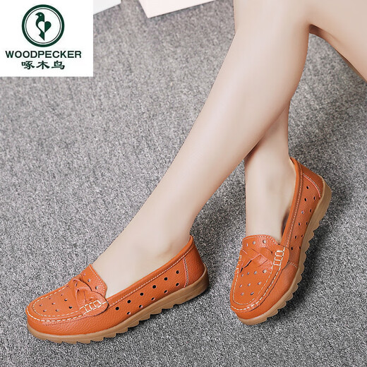 啄木鸟夏季平底豆豆鞋软底女单鞋镂空真皮透气舒适妈妈鞋休闲护士小白鞋 6629镂空白色 37
