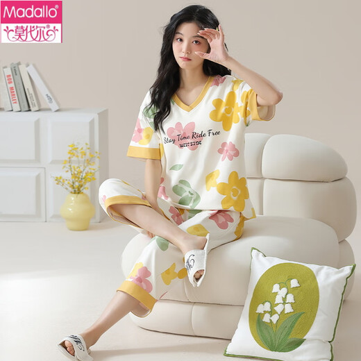 Pajamas modal de collar de algodón puro de verano para mujeres Los pantalones cortados de manga corta se pueden usar fuera del traje de ropa de hogar de primavera T-9854 (traje corto) m (80-100Jin [Jin equivale a 0,5 kg])