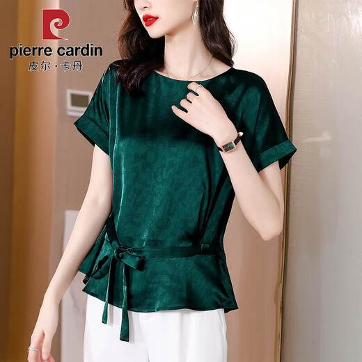 Kuzhang (Kuzhang) Jacquard Ice Seidenhemd für Frauen kurzärmelige Design-Nische und einzigartiges Top für Sommerkleidung für Frauenmodische äußeres Hemd Dunkelgrün 7027# M 95-114jin [Jin gleich 0,5 kg]