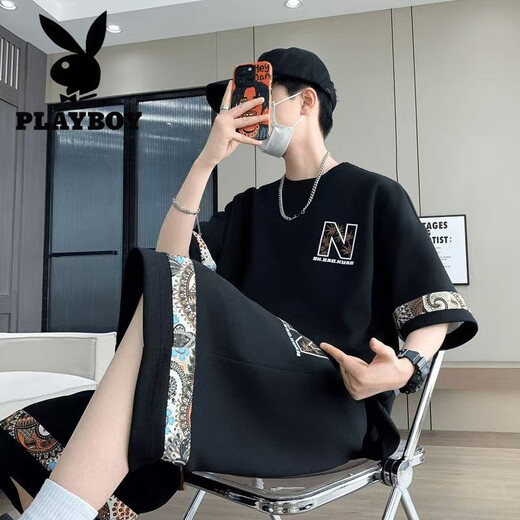 花花公子（PLAYBOY）2025夏季新款短袖青年潮流大码休闲运动套装男士时尚百搭两件套潮 【夏季套装】6195绿色 M 90-110斤