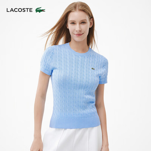 LACOSTE女装25春夏新款时尚绞花短袖套头纯棉毛衣| 70V/米白色 XS 34