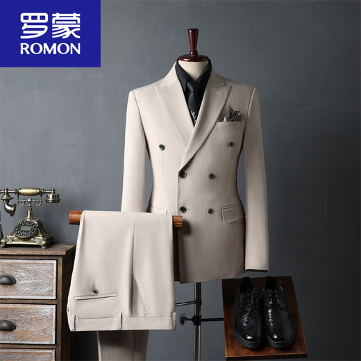 ROMON Apricot double-breasted suit for men 2025 autumn new casual Korean groomsmen suit groom wedding suit for men Khaki (suit + trousers) M 48 (-112Jin Jin is equal to 0.5kg)
