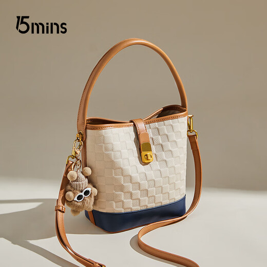 15MINS牛皮包包女包2025新款单肩斜挎包简约撞色水桶女士包包生日礼物