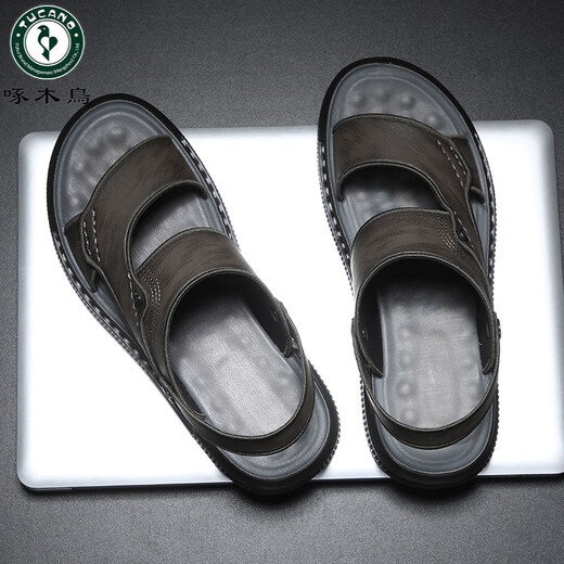 啄木鸟男士凉鞋男夏季2025新款真皮拖鞋休闲男鞋外穿开车沙滩皮凉拖两穿 9715 灰色 升级款 37