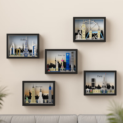 World landmarks and architecture city New York Dubai skyline assembled toy building blocks decorative painting hanging painting Dubai skyline 757 particles [photo frame color