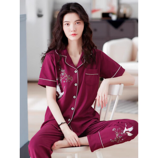 浪莎（LangSha）2025年新款睡衣女士夏季短袖长裤妈妈大码家居服夏天薄款可外穿 Q9928 M [建议80-105斤]
