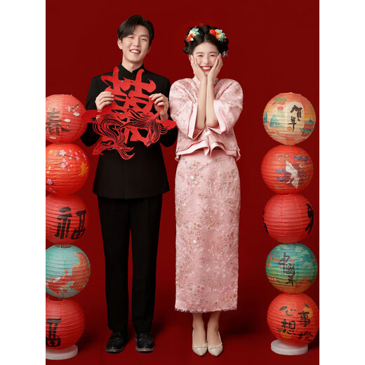 LNGA LANDGRE Pink Cheongsam Toast Wear Bridal Engagement Dress Skirt Women New Chinese Suit Can Wear Temperament Three Quarter Sleeves Pink M2505 XL