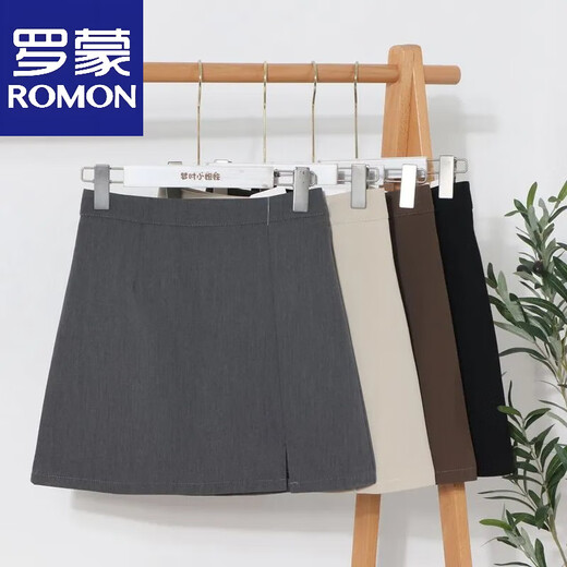 罗蒙（ROMON）2025学院风设计感下摆开叉半身裙高腰包臀A字短裙防走光西装裙子 黑色 S 80-90斤