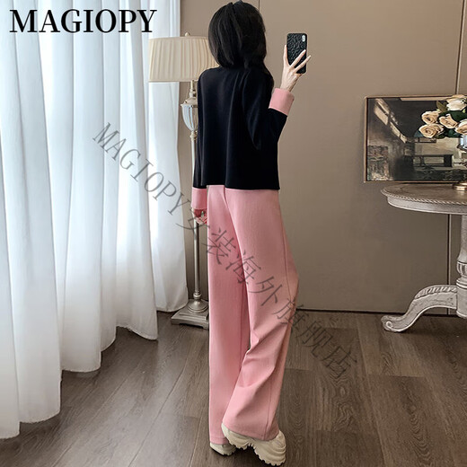 Magiopy International Luxury High-End Brandneue chinesische Zen-Mode-Set Frauen 2025 Spring Breeze High-End-Jacke Top Pulver Schwarzes Top + Pink Hosen xxl (131-150jin [Jin gleich 0,5 kg])