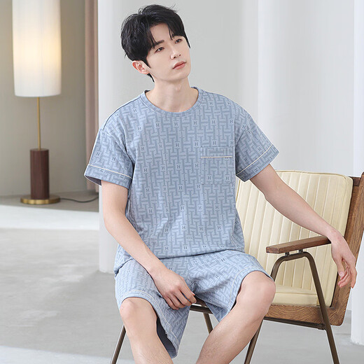 Zhulu summer pajamas men's round neck pullover pure cotton short-sleeved suit loose casual Korean style printed thin men's home clothing G867 L