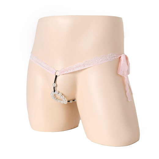 Men's sexy lace pearl underwear, men's thong pants with beads, low-waist hollow breathable T-string pants, black, one-size-fits-all, adjustable straps