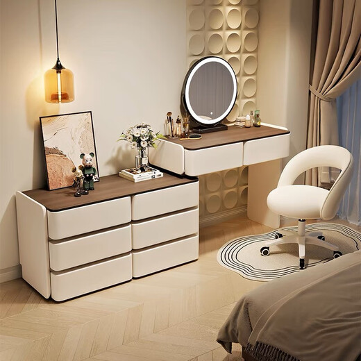 Fantasy Dressing Table Bedroom Feel Drawer Cabinet One-piece Solid Wood Dressing Table Drawer Cabinet One-piece Bedroom 2025 New Modern 80cm Table + Cabinet + Smart Mirror + Pier Stool Three Drawer Cabinet - White Slate Countertop