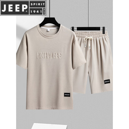 JEEP SPIRIT重磅华夫格短袖T恤男夏季宽松大码运动短裤套装工作服圆领透气潮 TZ829绿色 M