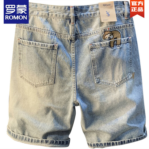 Romon Summer Casual Shorts Herren große helle Farbe Pure Cotton Five-Teile-Jeans Trendy Stickerei High-End-Herren-Gerade mit mittlerem Blau [XY9922] 30 Geeignet für Gewicht 120-128jin [Jin gleich 0,5 kg]