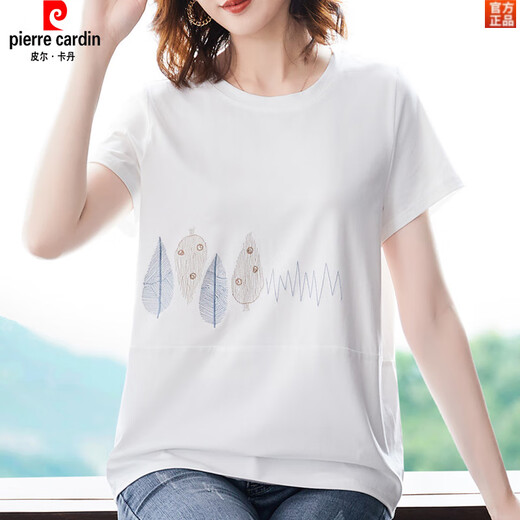 皮尔卡丹（pierre cardin）加肥加大码短袖t恤女士夏薄款棉宽松中年妈妈棉汗衫白色上衣 黑色KSP-9892款 L 适合100-120斤