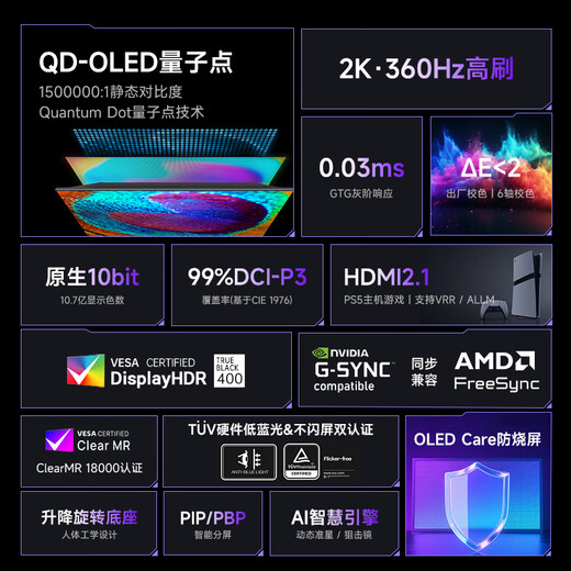 Moniteur de jeu AOC 26,5 pouces QD-OLED 2K280HZ 0,03 ms (GTG) HDR400 natif 10BIT TUV écran d'ordinateur de protection des yeux TUV faible lumière bleue 2K360HZ Q27G4SD