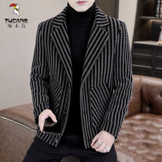
Woodpecker (TUCANO) 2025 Autumn and Winter Woolen Suit Lone Jacket Top Men's Korean Style Handsome Young Vertical Striped Tweed Jacket Trendy Gray M [90-110Jin [Jin equals 0.5 kg]]